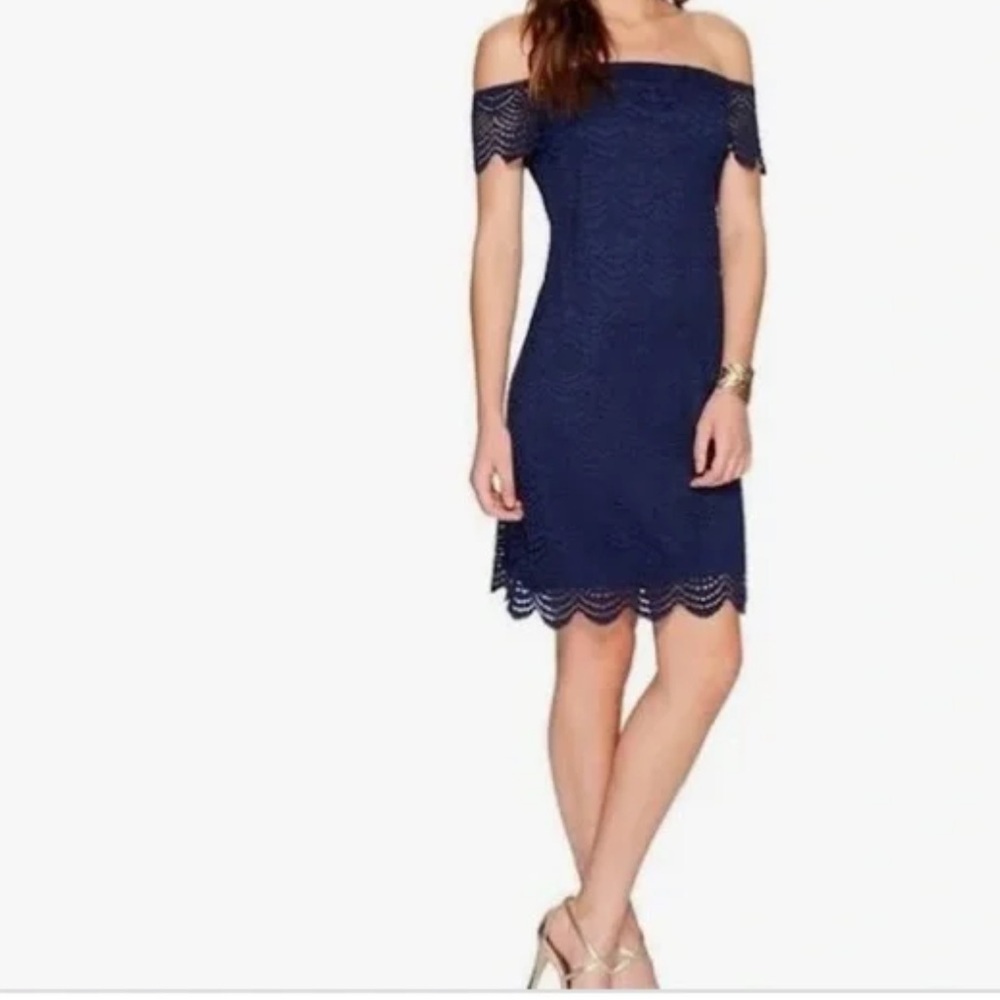 Lilly Pulitzer Jade Dress In True Navy Scalloped Shell Lace Size XS Off Shoulder - Picture 4 of 12